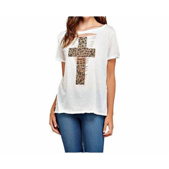 NEW PHIL LOVE laser cut tee with leopard print cross in ivory - Picture 1 of 3
